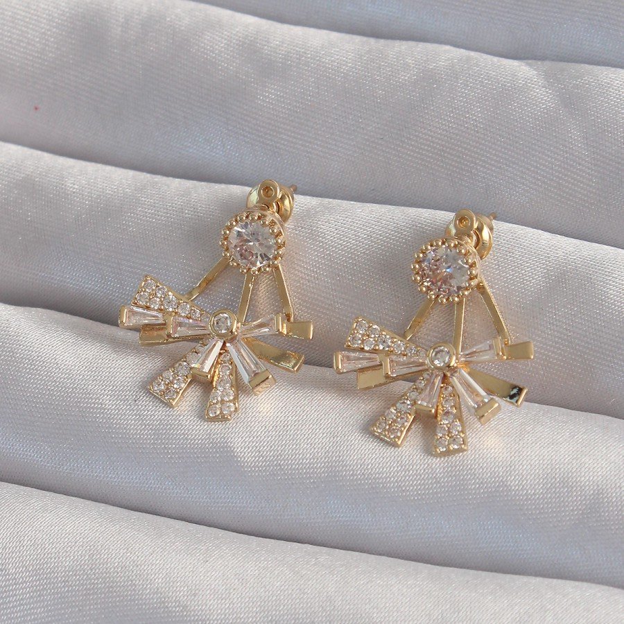 Brass Gold Color Zircon Stone Flat Bow Model Earrings