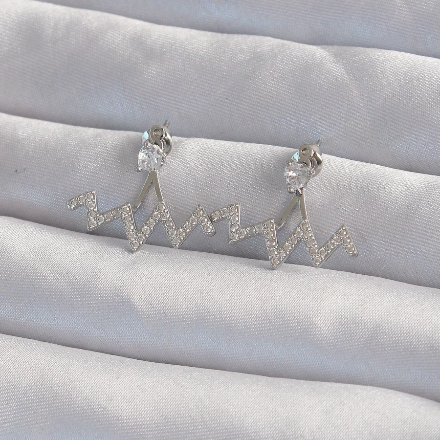 Brass Silver Color Zircon Stone Zigzag Earrings