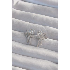 Brass Silver Color Square Zircon Stone Bow Earrings