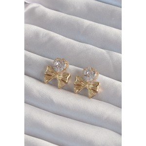Brass Gold Color Zircon Stone Heart Model Bow Earrings