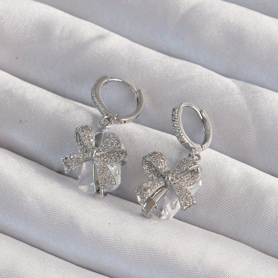 Brass Silver Color Large Zircon Stone Bow Model Hoop Earrings