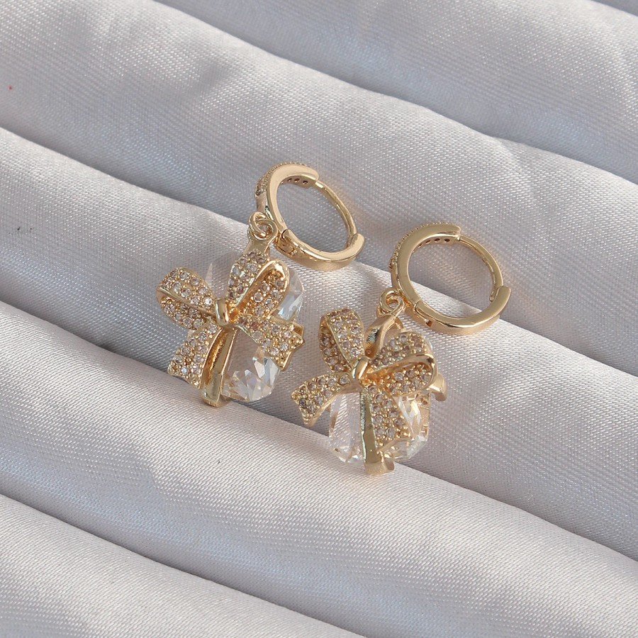 Brass Gold Color Large Zircon Stone Bow Model Hoop Earrings