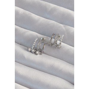 Brass Silver Color Pearl and Multiple Zircon Stone Half Hoop Earrings