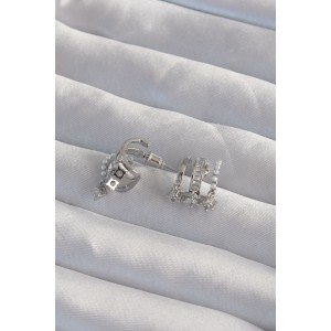 Brass Silver Color Pearl and Multiple Zircon Stone Half Hoop Earrings