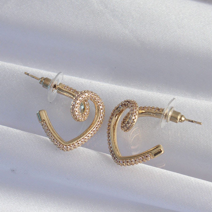 Brass Gold Color Zircon Stone Curved Half Heart Earrings