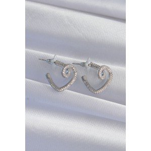Brass Silver Color Zircon Stone Curved Half Heart Earrings