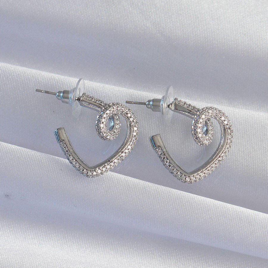 Brass Silver Color Zircon Stone Curved Half Heart Earrings