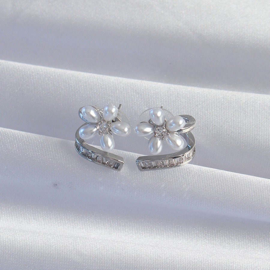 Brass Silver Color Zircon Stone Curved Pearl Flower Earrings