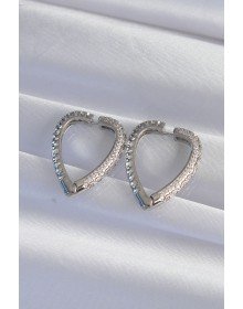 Brass Silver Color Zircon Stone Motif Heart Earrings