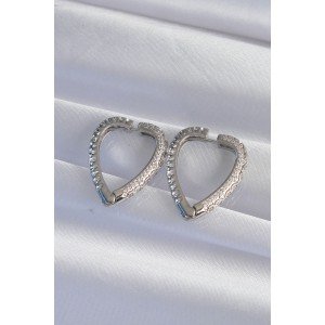 Brass Silver Color Zircon Stone Motif Heart Earrings
