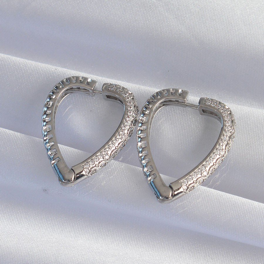 Brass Silver Color Zircon Stone Motif Heart Earrings