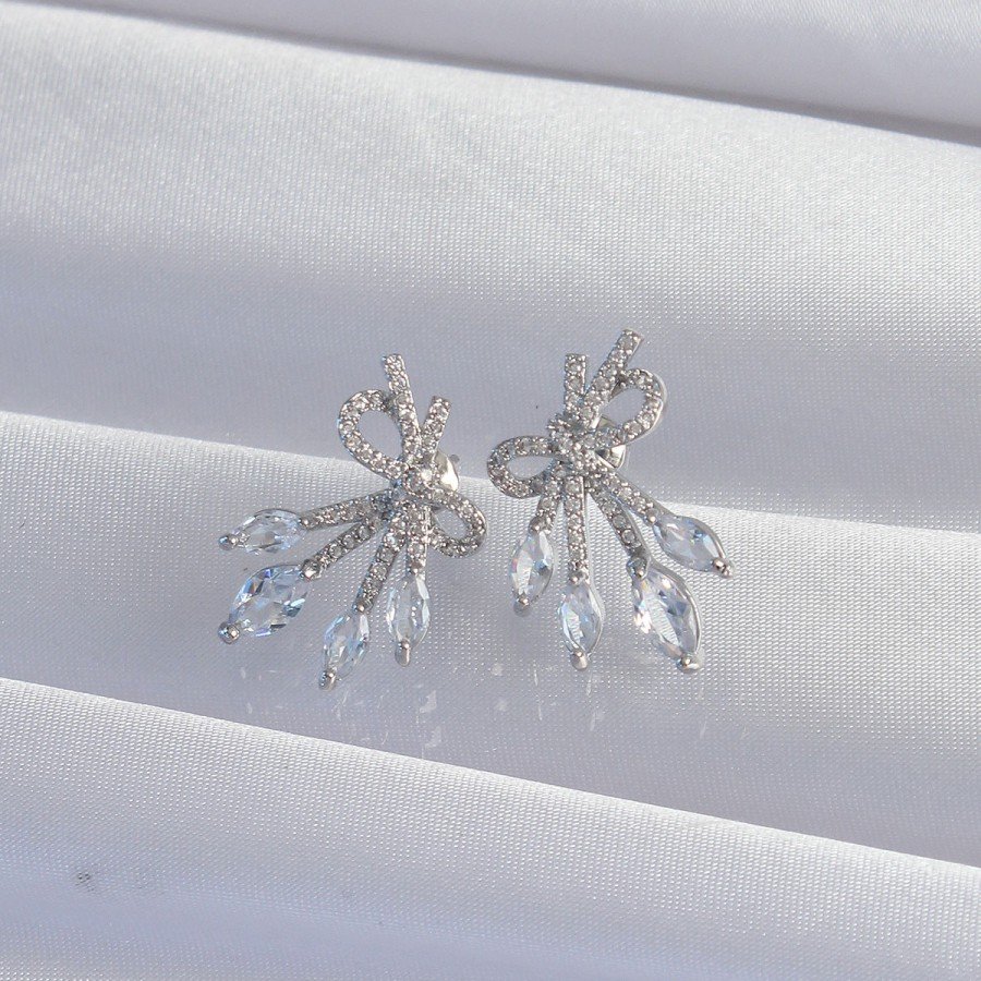 Brass Silver Color Zircon Stone Bow Earrings