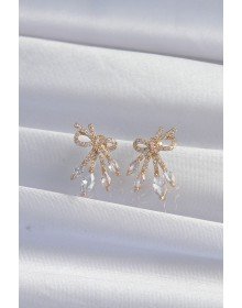 Brass Gold Color Zircon Stone Bow Earrings
