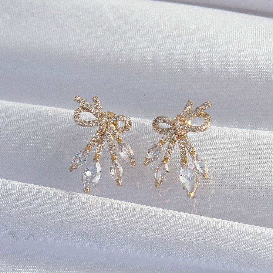Brass Gold Color Zircon Stone Bow Earrings