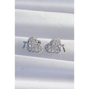 Brass Silver Color Bow Detail Pearl and Zircon Stone Heart Earrings Brass Silver Color Bow Detail Pearl and Zircon Stone Heart Earrings