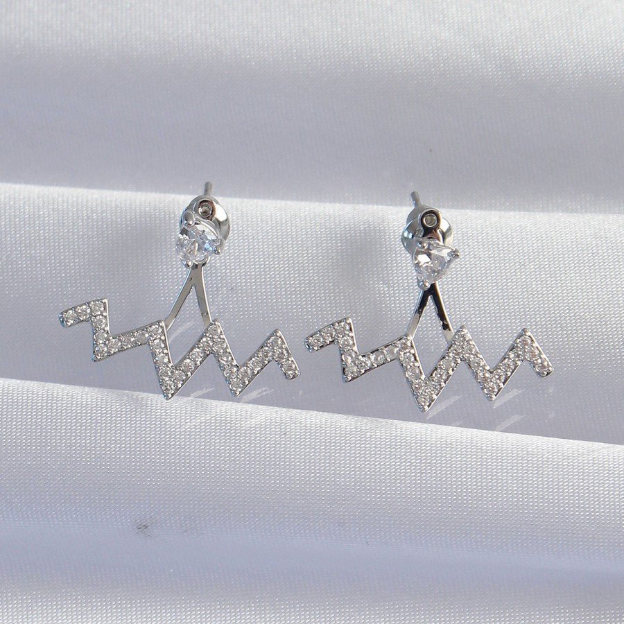 Brass Silver Color Zircon Stone Zigzag Earrings