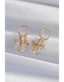 Brass Gold Color Large Zircon Stone Bow Model Hoop Earrings