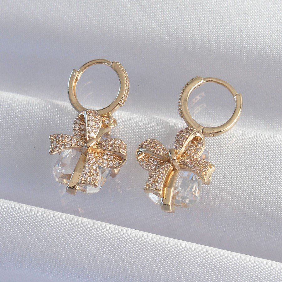 Brass Gold Color Large Zircon Stone Bow Model Hoop Earrings