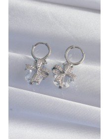 Brass Silver Color Large Zircon Stone Bow Model Hoop Earrings