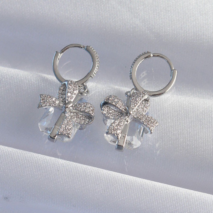 Brass Silver Color Large Zircon Stone Bow Model Hoop Earrings