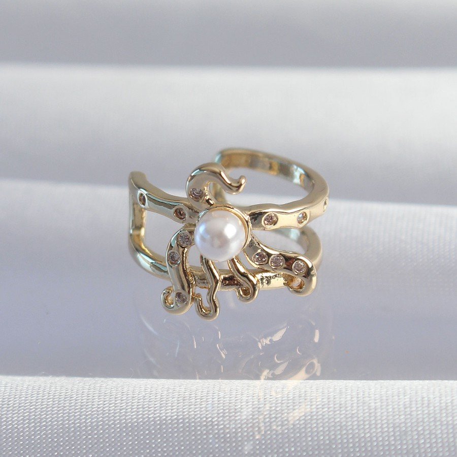 Brass Gold Color Octopus Earcuff Earrings with Pearls