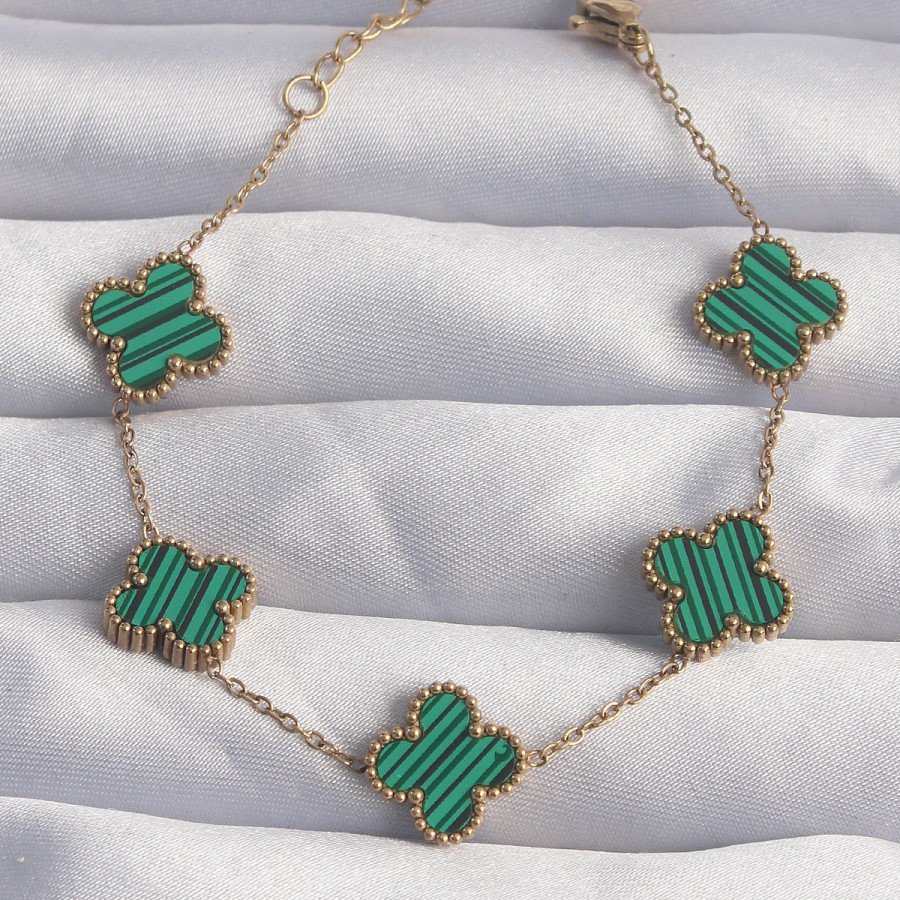 316L Steel Gold Color Striped Green Enameled Clover Bracelet 316L Steel Gold Color Striped Green Enameled Clover Bracelet