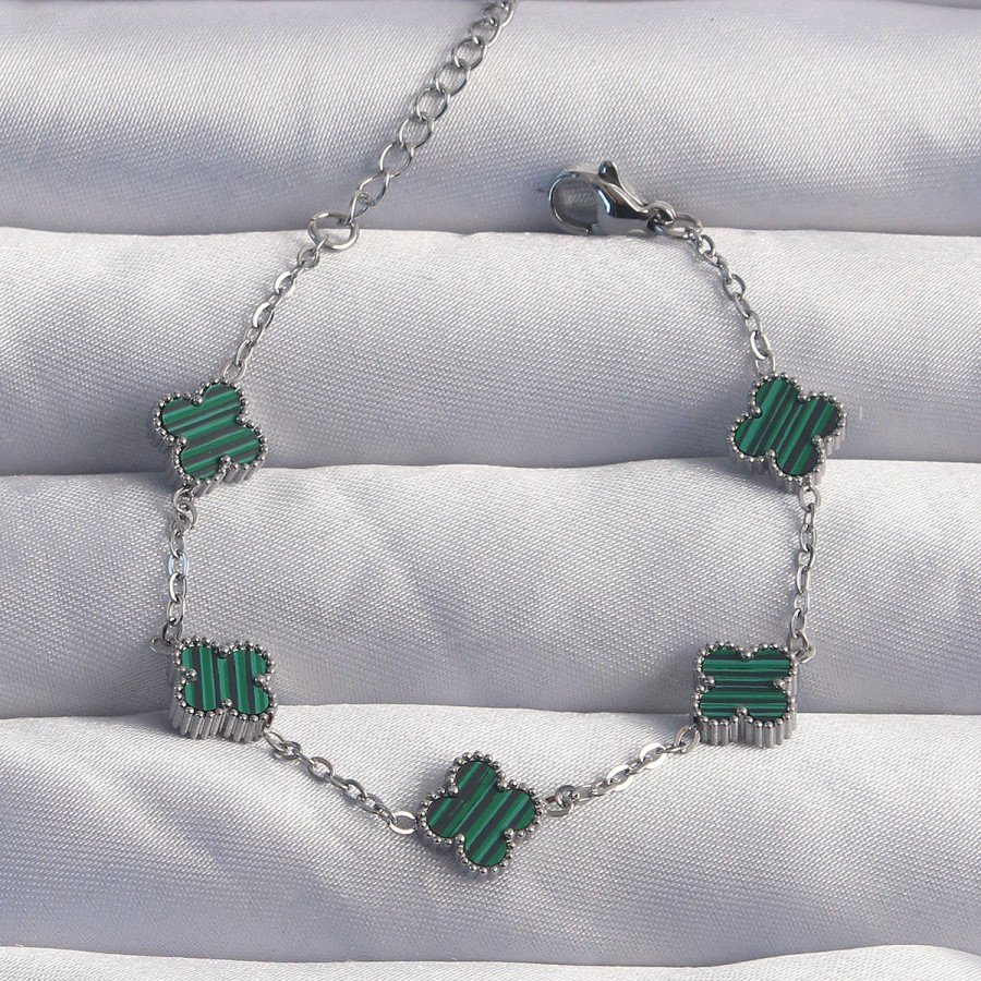 316L Steel Baby Boy Silver Color Striped Green Enamel Clover Bracelet 316L Steel Baby Boy Silver Color Striped Green Enamel Clover Bracelet