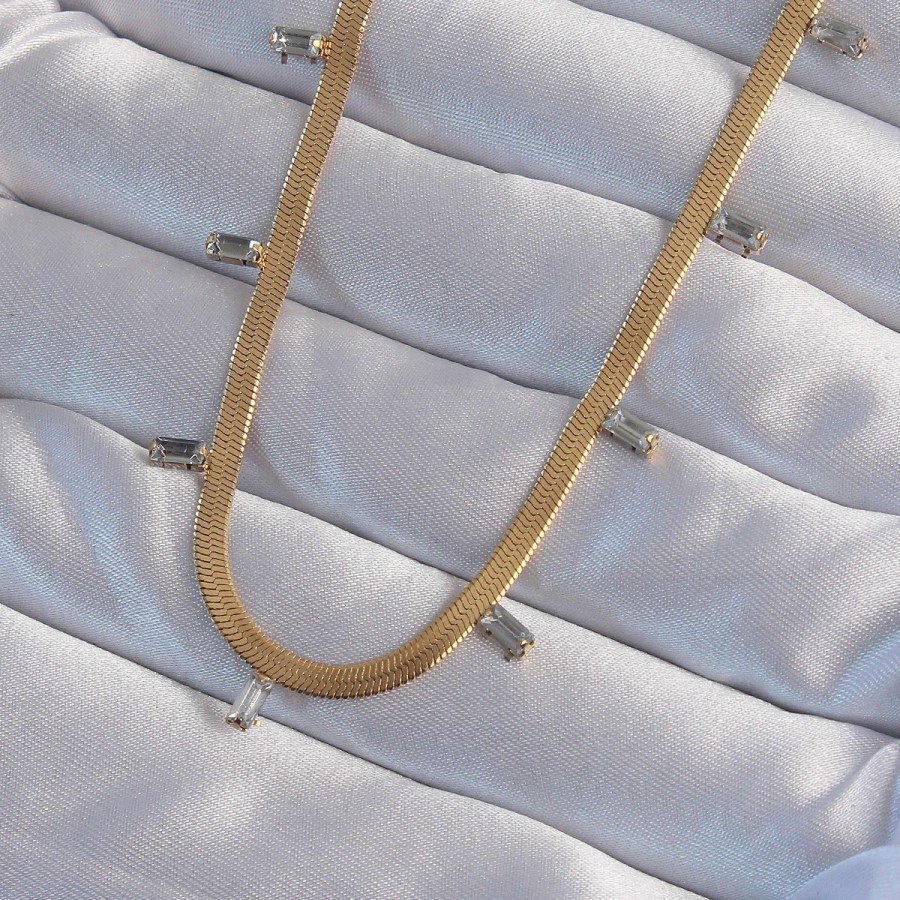 316L Steel Gold Color Baguette Stone Italian Chain Necklace