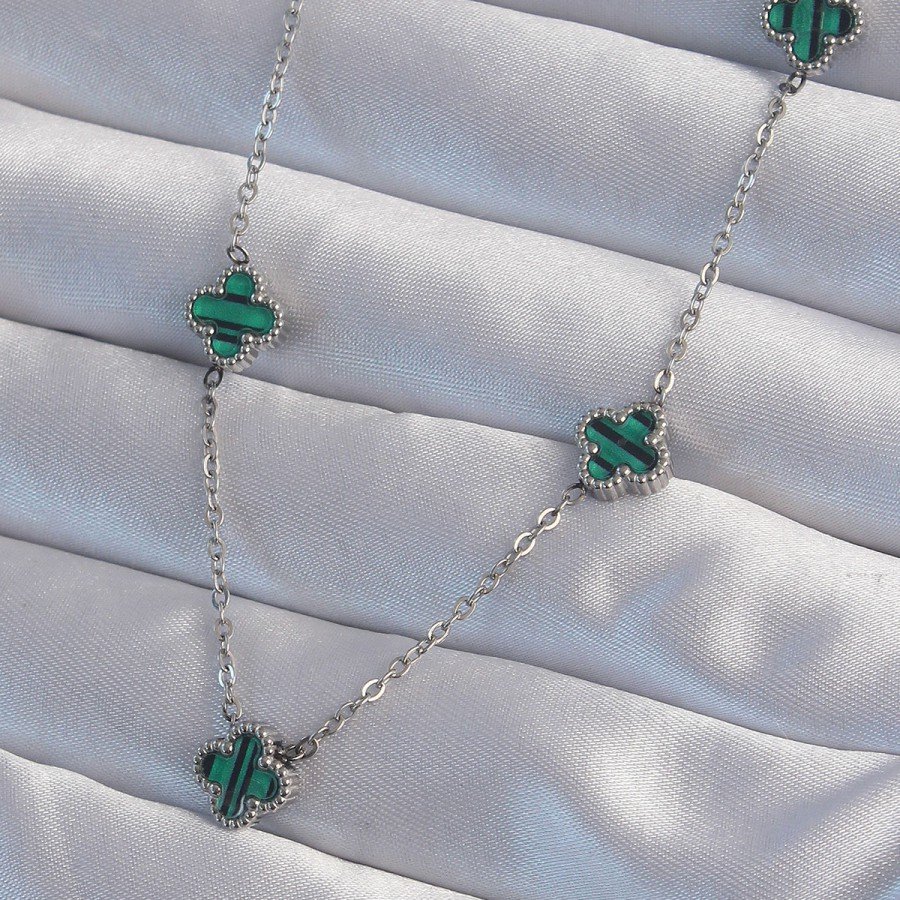 316L Steel Silver Color Minimal Green Enamel Clover Necklace