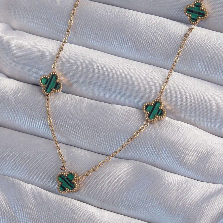 316L Steel Gold Color Minimal Green Enamel Clover Necklace