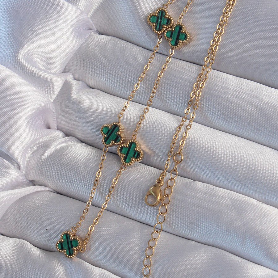 316L Steel Gold Color Minimal Green Enamel Clover Necklace