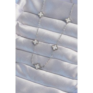 316L Steel Silver Color Minimal White Pearlescent Clover Necklace