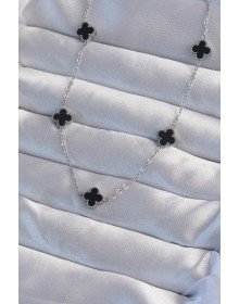 316L Steel Silver Color Minimal Black Enameled Clover Necklace