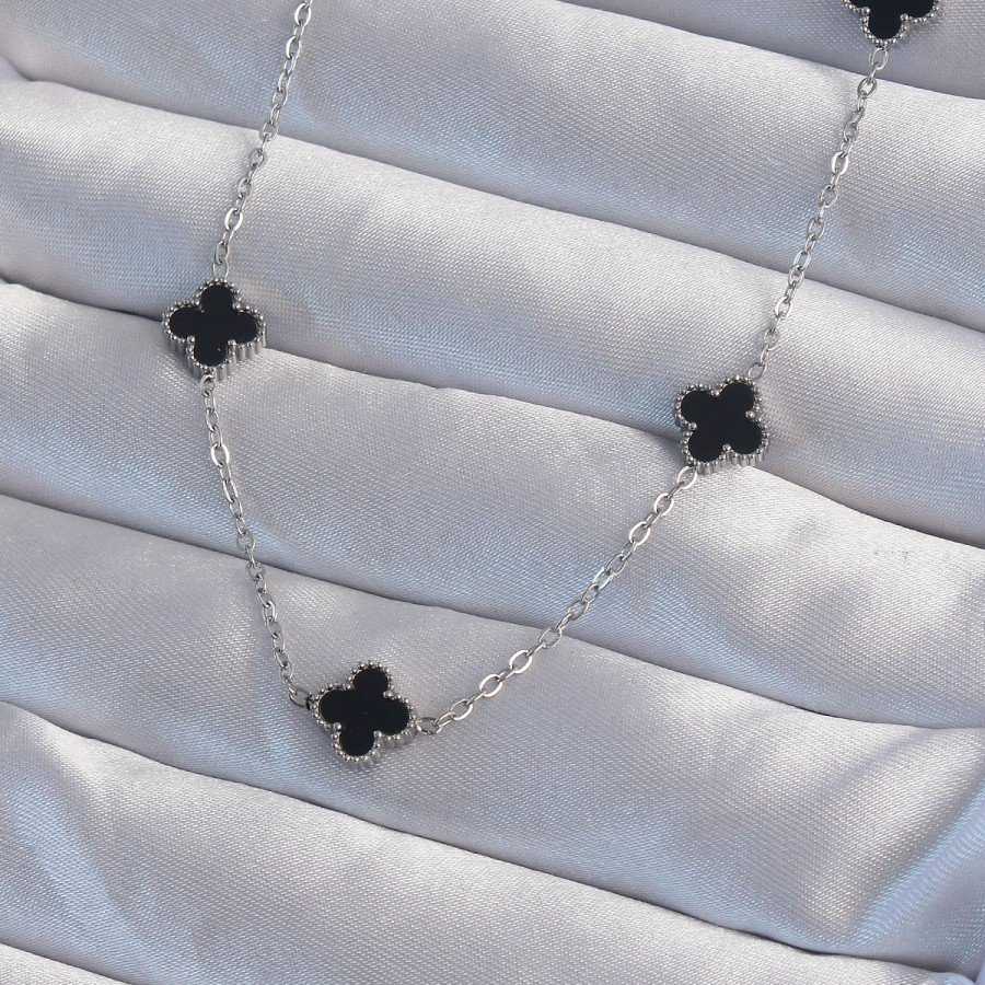 316L Steel Silver Color Minimal Black Enameled Clover Necklace
