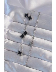 316L Steel Silver Color Minimal Black Enameled Clover Necklace