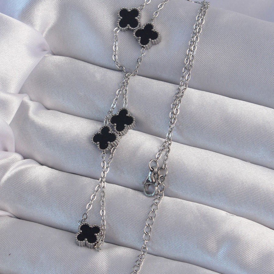 316L Steel Silver Color Minimal Black Enameled Clover Necklace