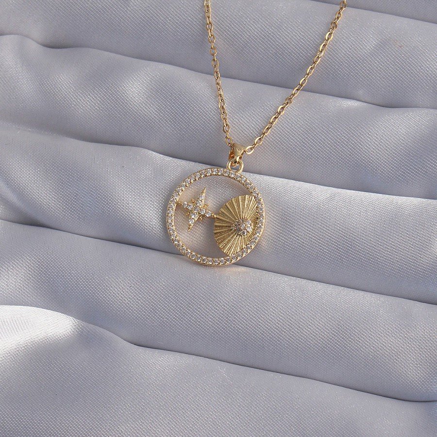 316L Steel Chain Gold Color Zircon Stone Star Figure Oval Necklace