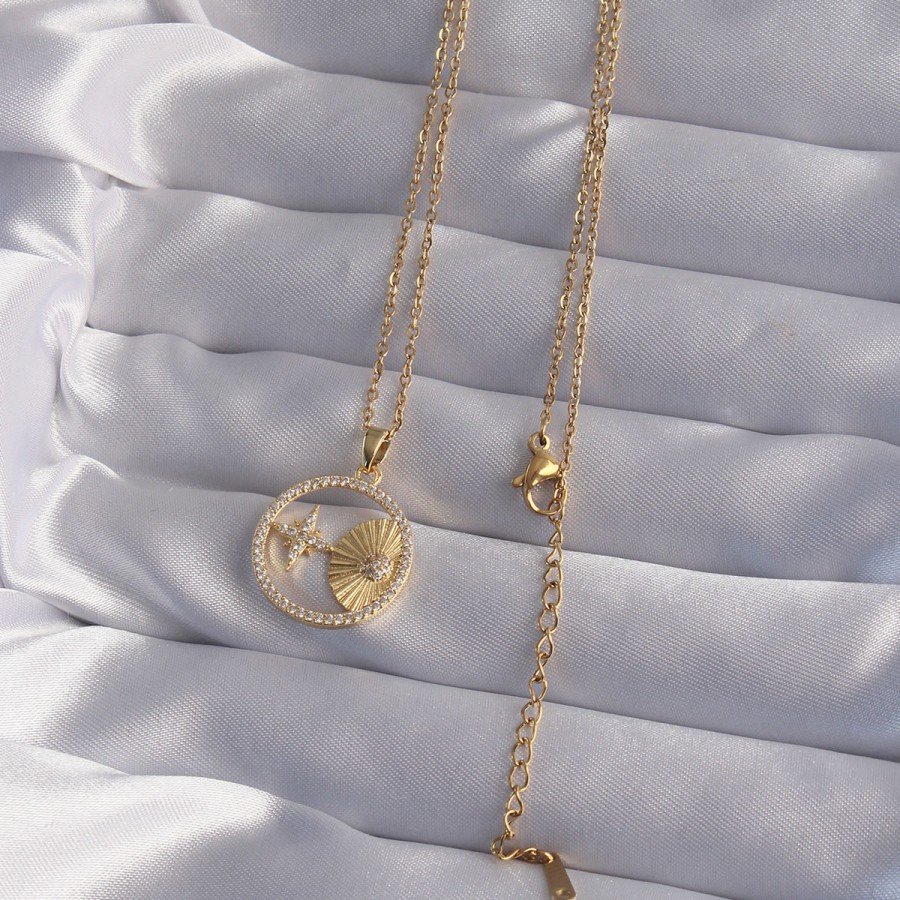 316L Steel Chain Gold Color Zircon Stone Star Figure Oval Necklace