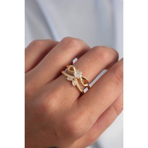 Brass Setting Gold Color Zircon Stone 2-Piece Appearance Bow Ring