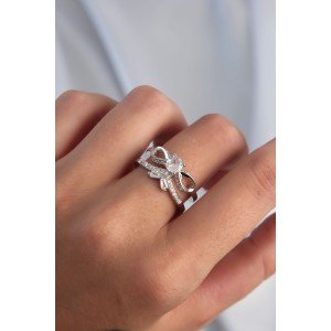Brass Setting Silver Color Zircon Stone 2-Piece Appearance Bow Ring