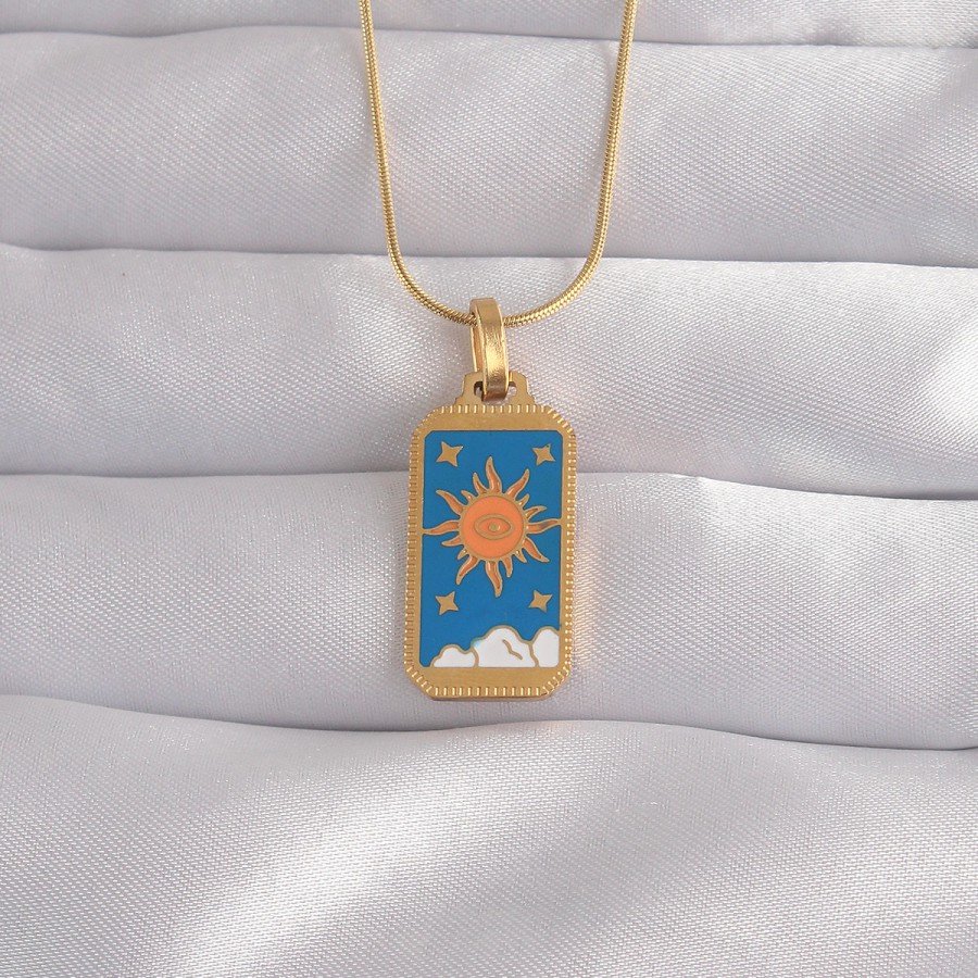 316L Steel Gold Color Blue Enameled Sun Model Tarot Necklace