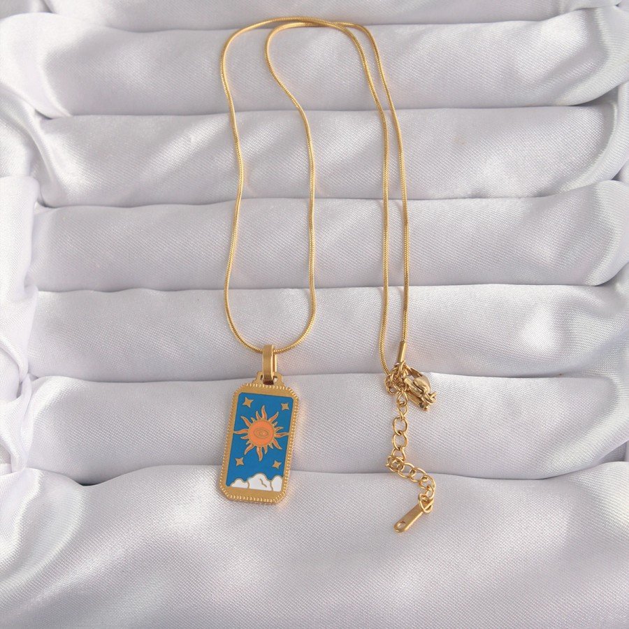 316L Steel Gold Color Blue Enameled Sun Model Tarot Necklace