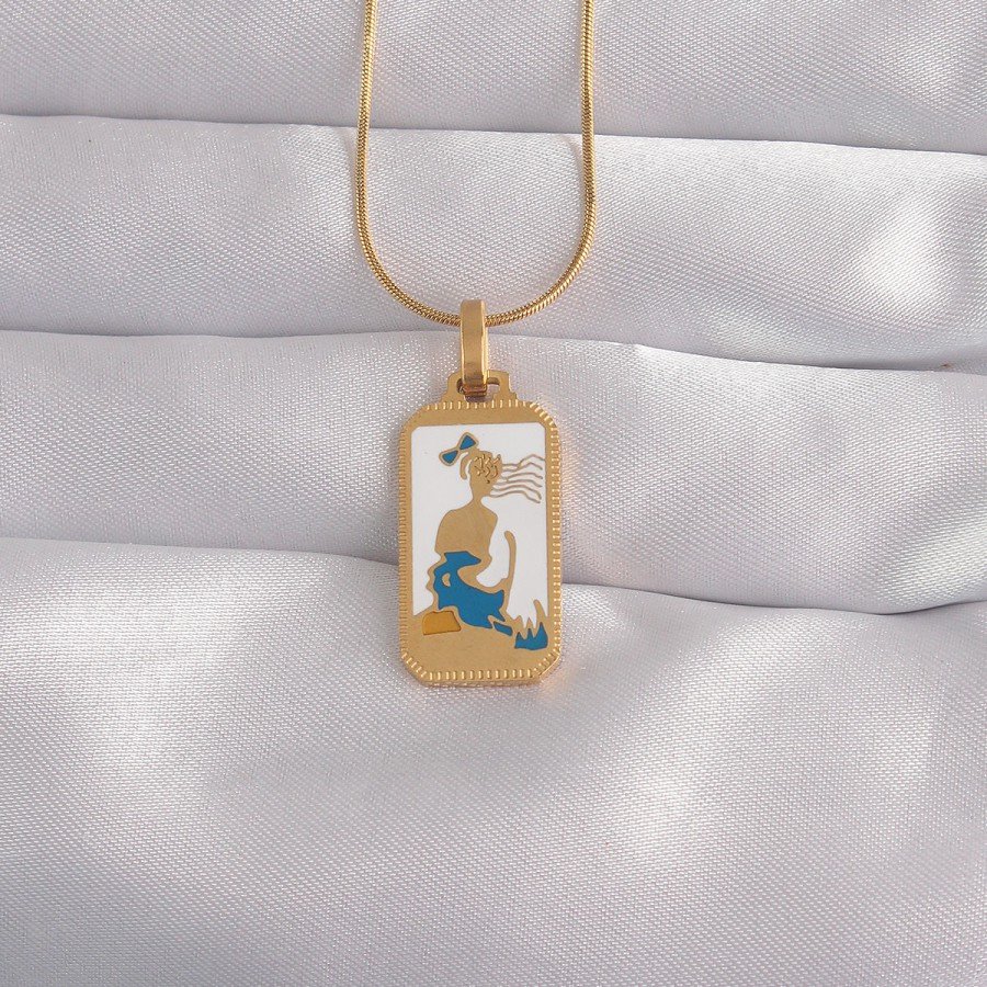 316L Steel Gold Color White Enamel Girl Figure Tarot Necklace