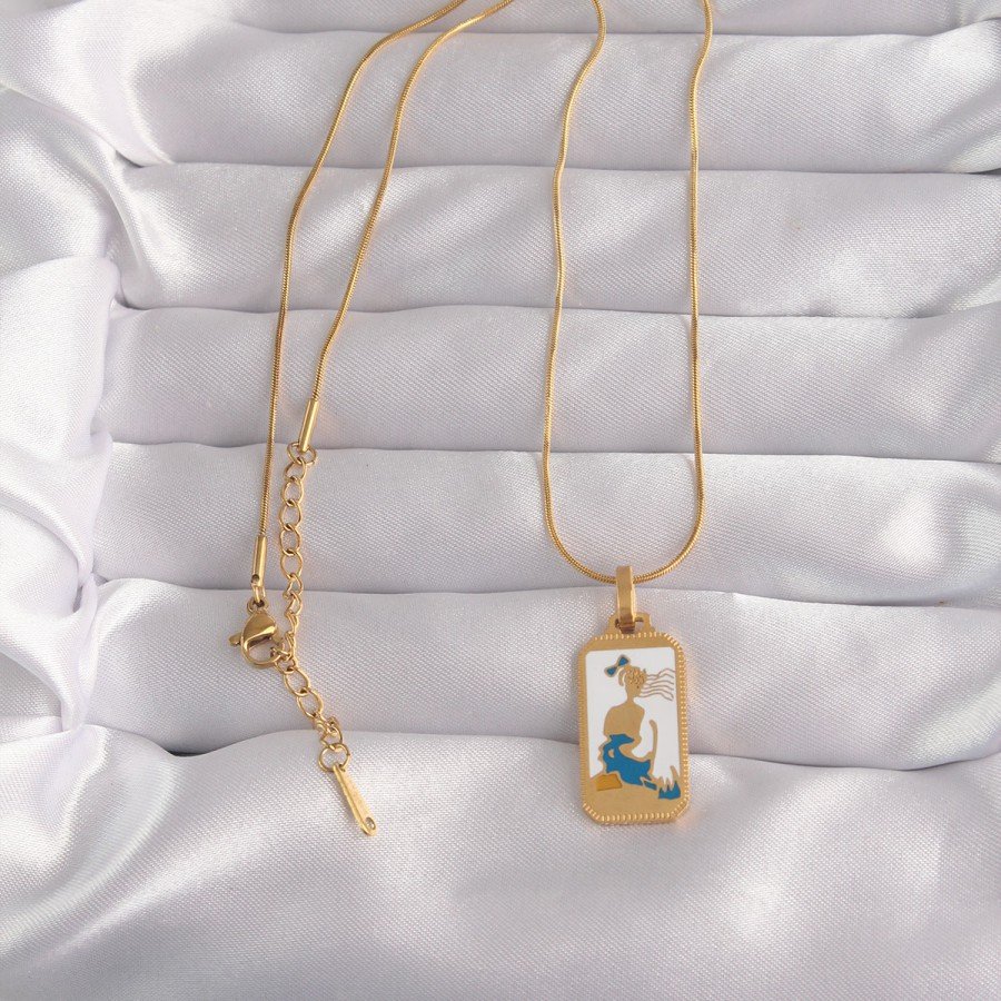 316L Steel Gold Color White Enamel Girl Figure Tarot Necklace