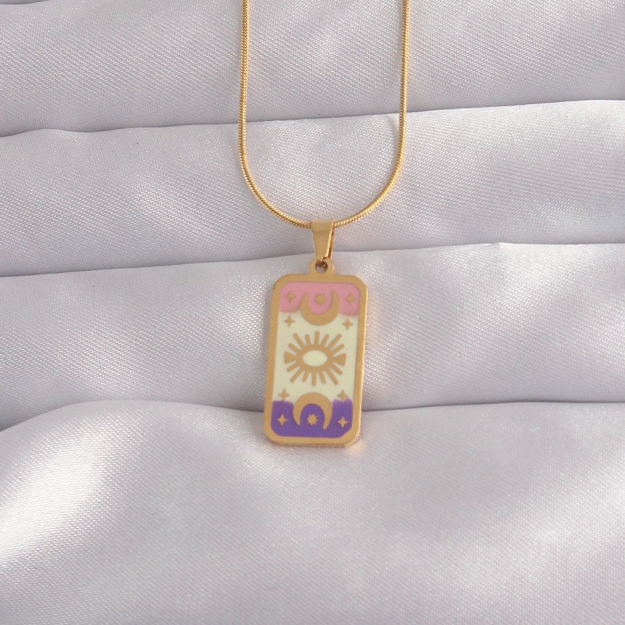 316L Steel Gold Color Mixed Enamel Moon Figure Tarot Necklace