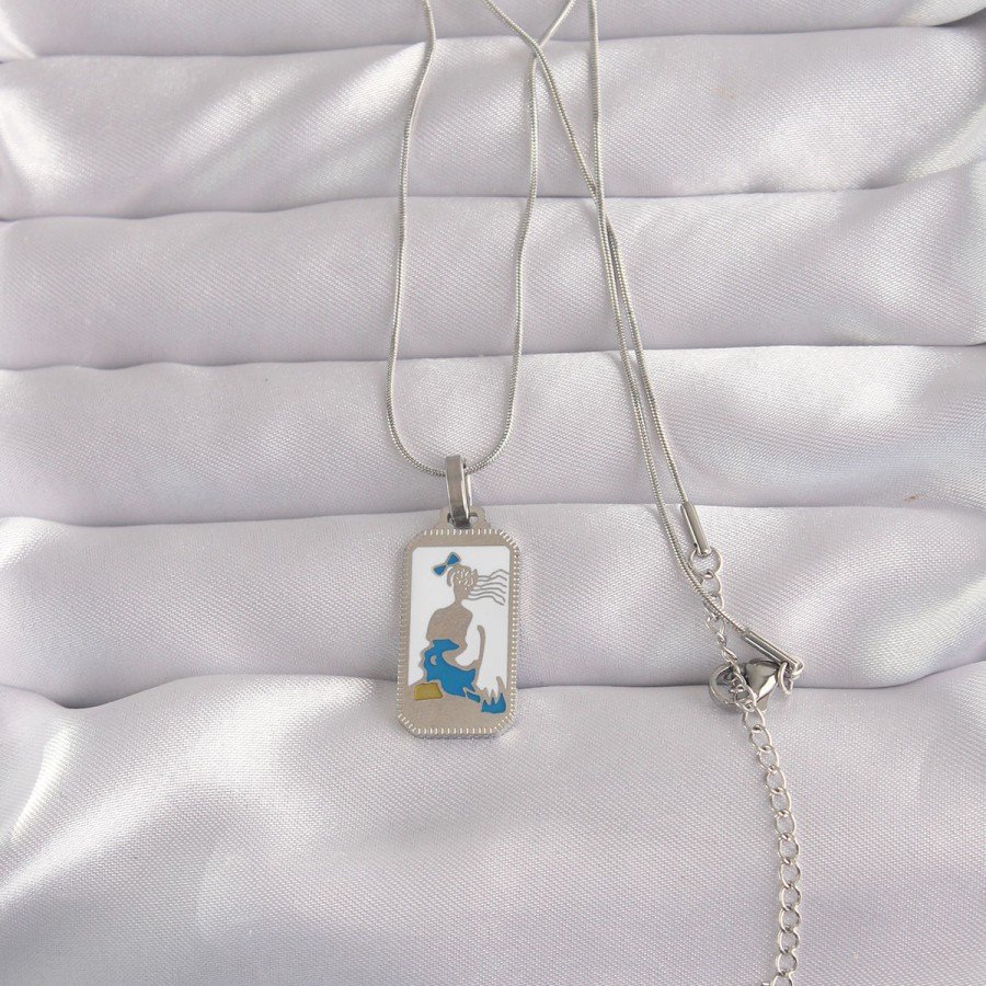 316L Steel Silver Color White Enamel Girl Figure Tarot Necklace