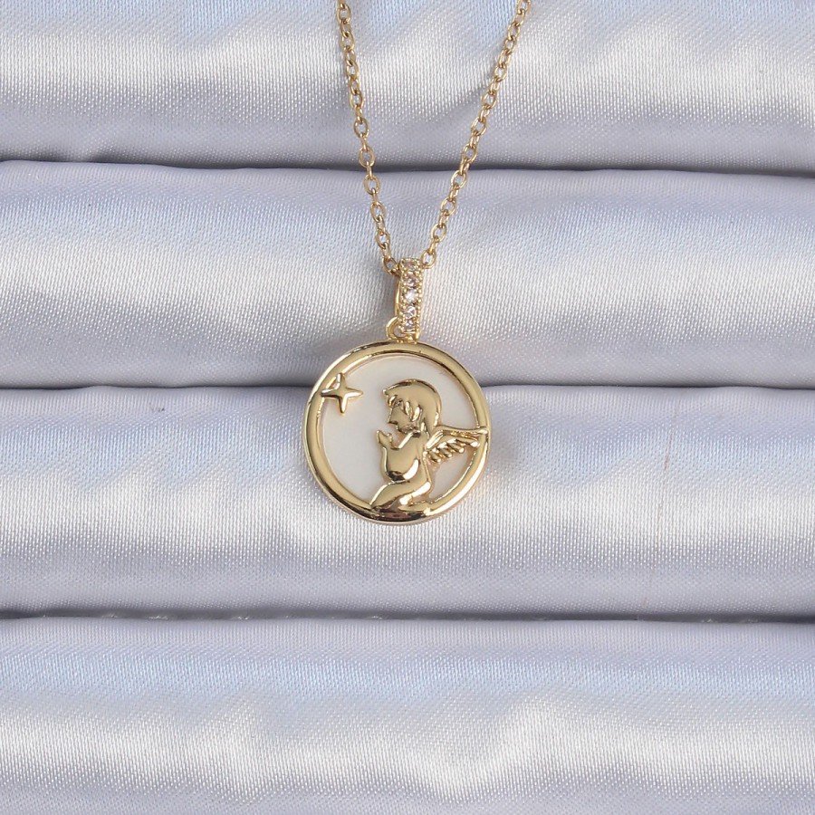 316L Steel Chain Gold Color Zircon Stone Enameled Angel Necklace