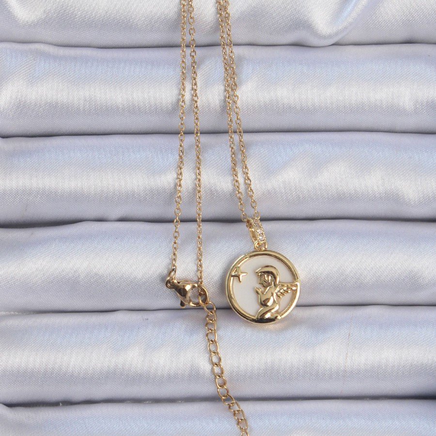 316L Steel Chain Gold Color Zircon Stone Enameled Angel Necklace