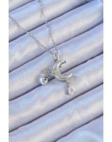 316L Steel Chain Silver Color Zircon Stone Butterfly Enameled Moon Necklace