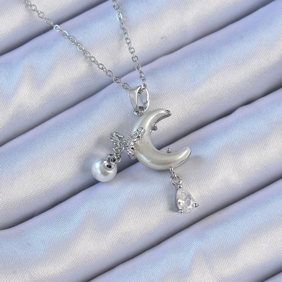 316L Steel Chain Silver Color Zircon Stone Butterfly Enameled Moon Necklace
